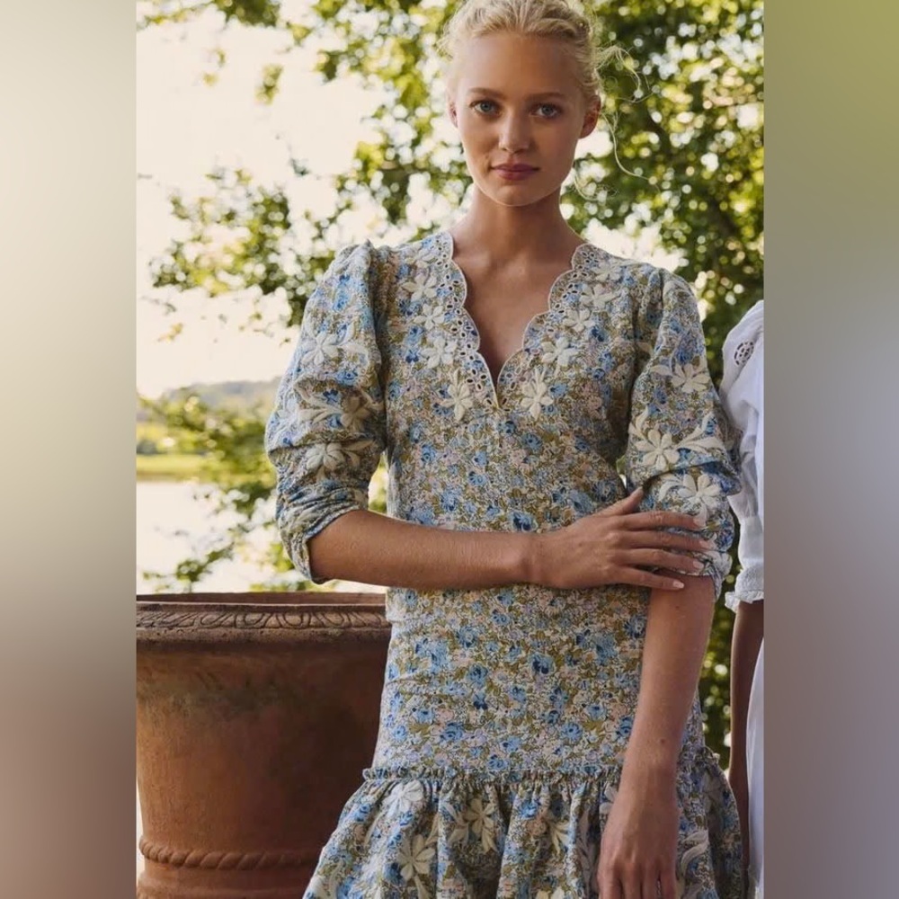 $554 NWT byTiMo Linen-Blend Blue Floral Eyelet Embroidery Mini Dress size XS